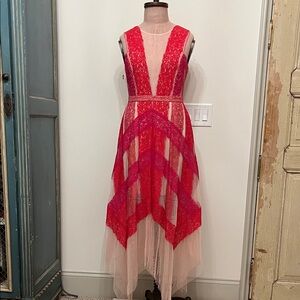 BCBGMaxAzria Red and Pink Asymmetrical Lace Dress